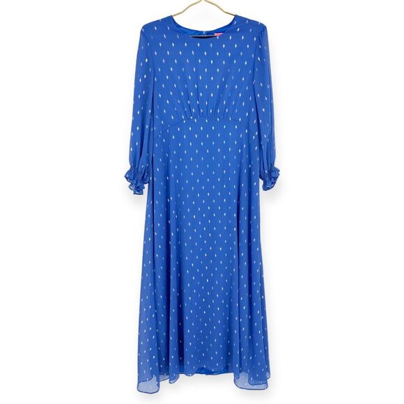 Vilagallo Kara NWT Blue & Metallic Diamond Print Maxi Dress Empire Waist Size 14 - Picture 1 of 9
